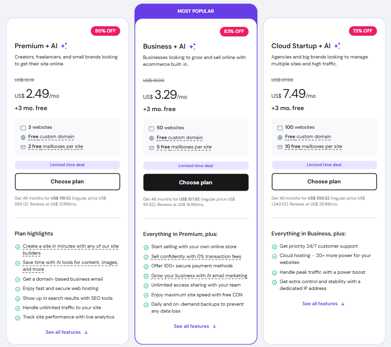Hostinger vs Bluehost: Hostinger plans