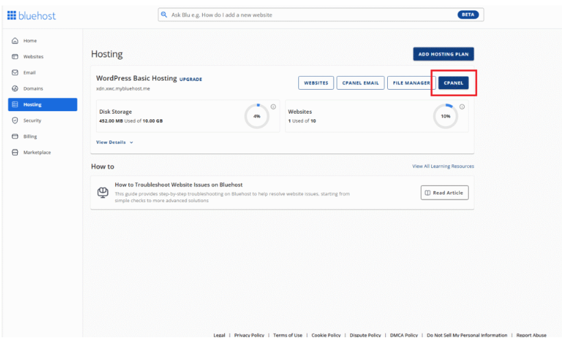 Hostinger vs Bluehost: Bluehost dashboard and cPanel view